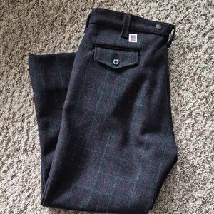 Men's Charcial Gray Plaid Wool Pants with Subtle Red Windowpane